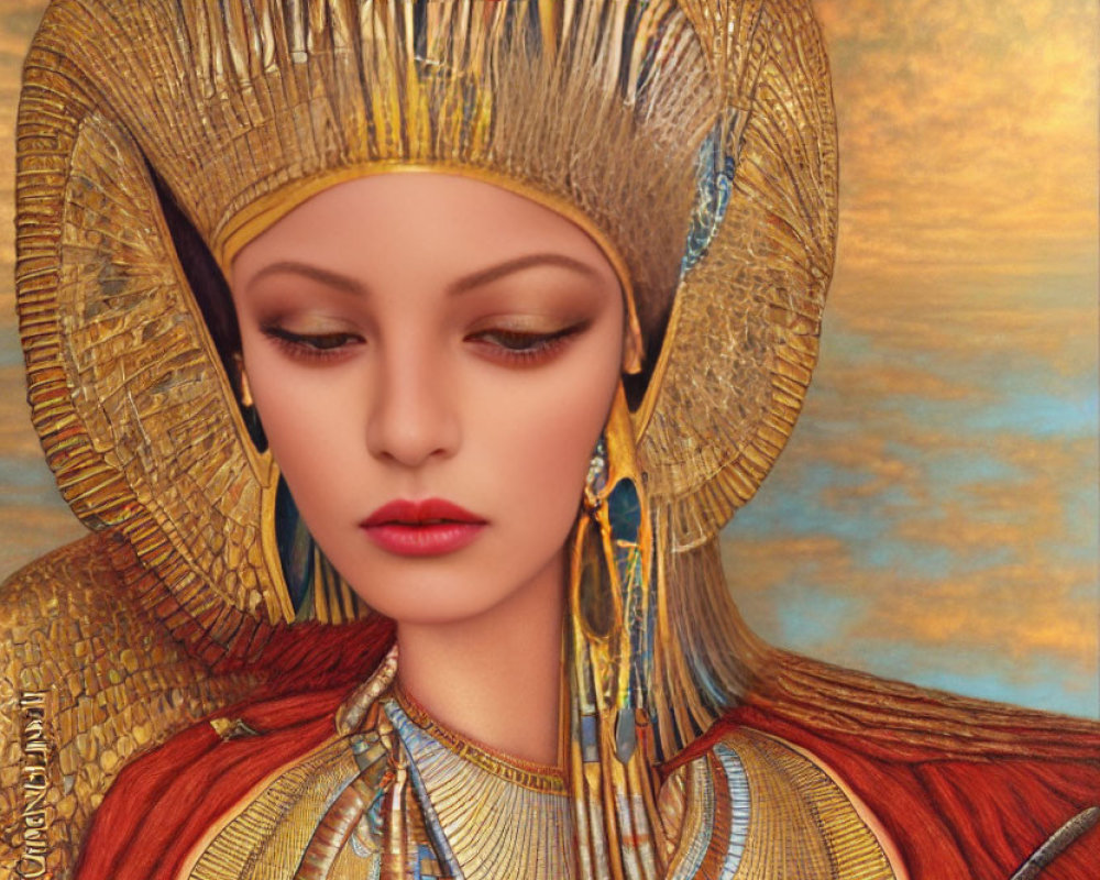 Ancient Egyptian-inspired headdress on regal figure against golden backdrop