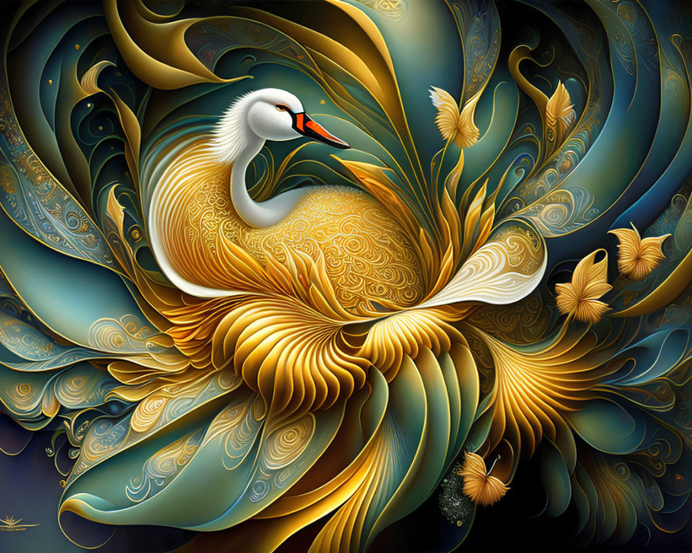 Stylized swan with ornate gold and blue feathers and swirling patterns