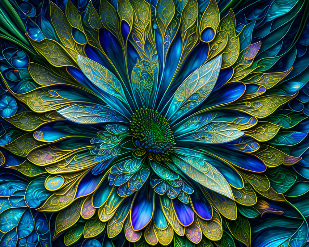Vivid Digital Artwork: Fractal Flower in Blue, Green, and Gold