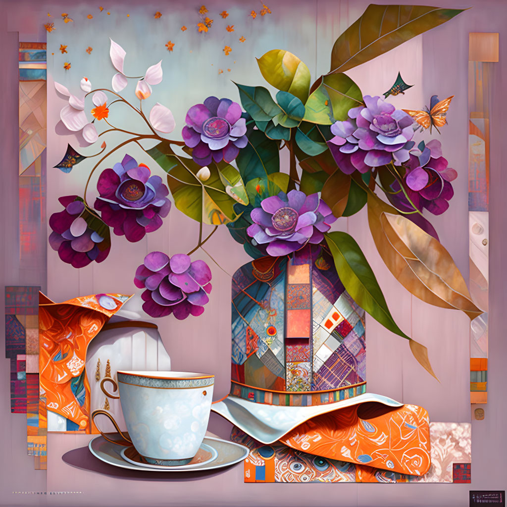 Colorful digital artwork: stylized bouquet with purple flowers, green leaves, butterflies, and tea cup