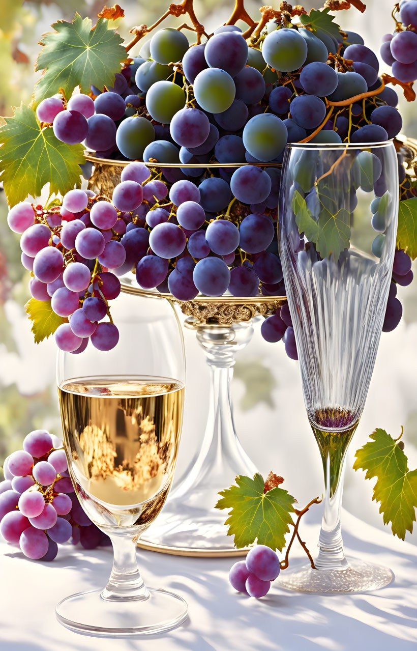 Ripe blue grapes with white wine and crystal flute on light background