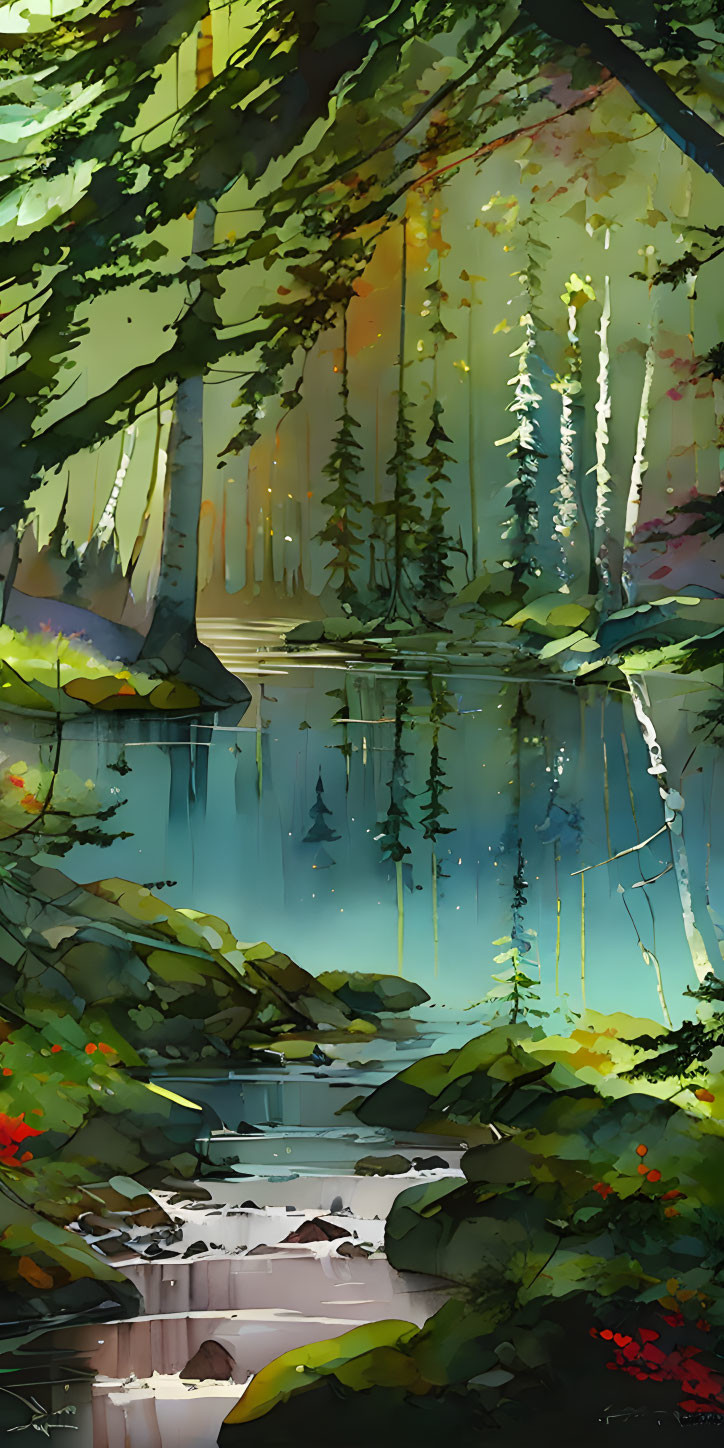 Tranquil woodland scene with calm river and sun-dappled forest