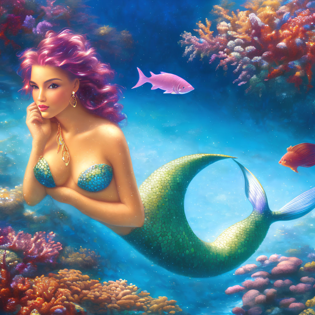 Pink-haired mermaid in green tail amidst vibrant underwater scene.