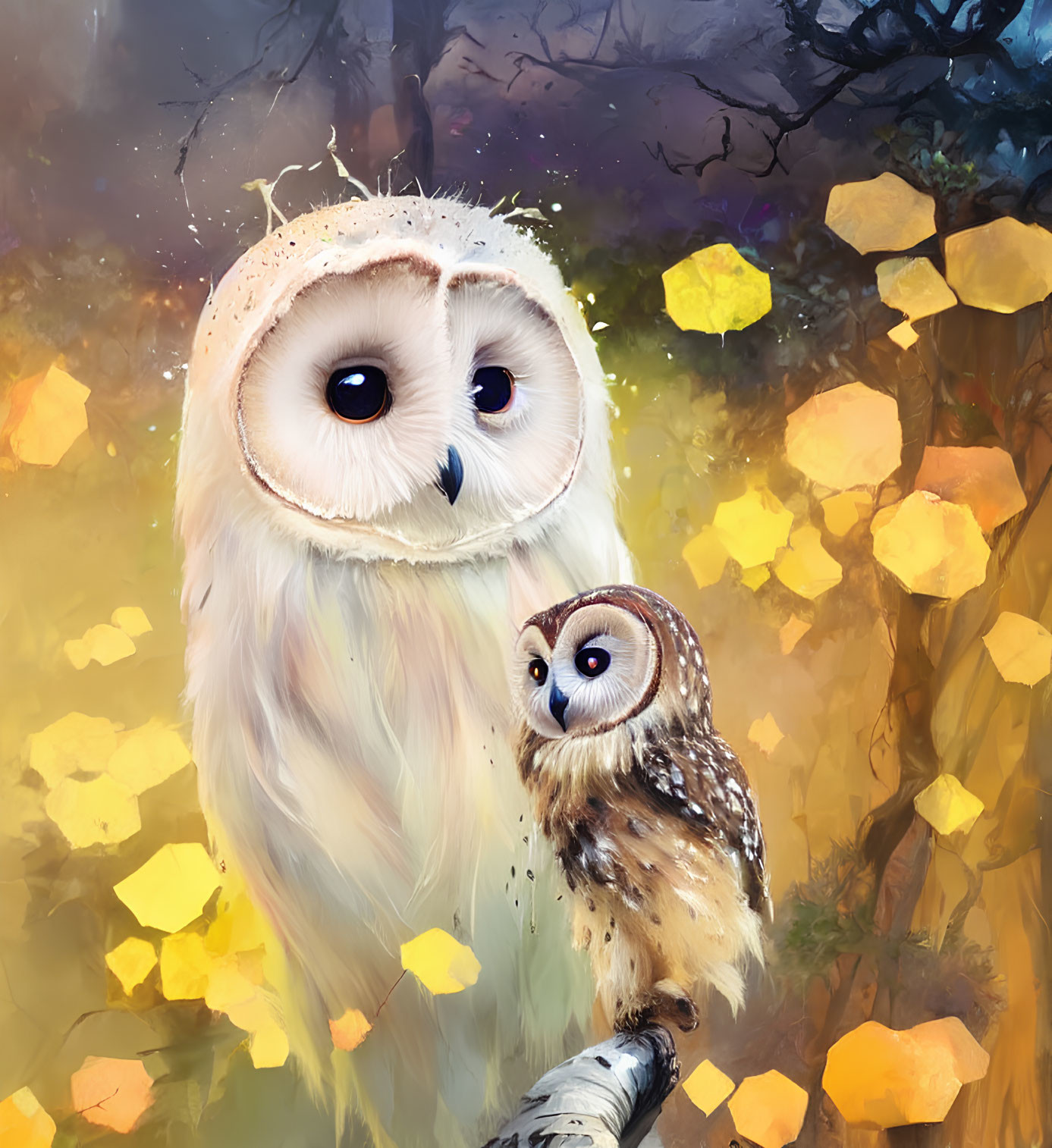 Whimsical illustration of fluffy white and brown owls in a misty forest