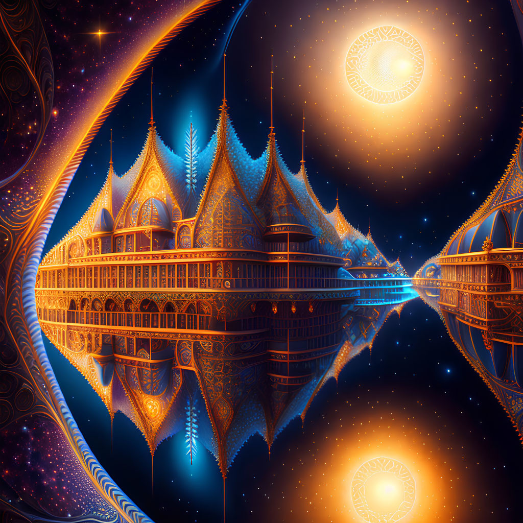Glowing palace in cosmic setting with fractal patterns