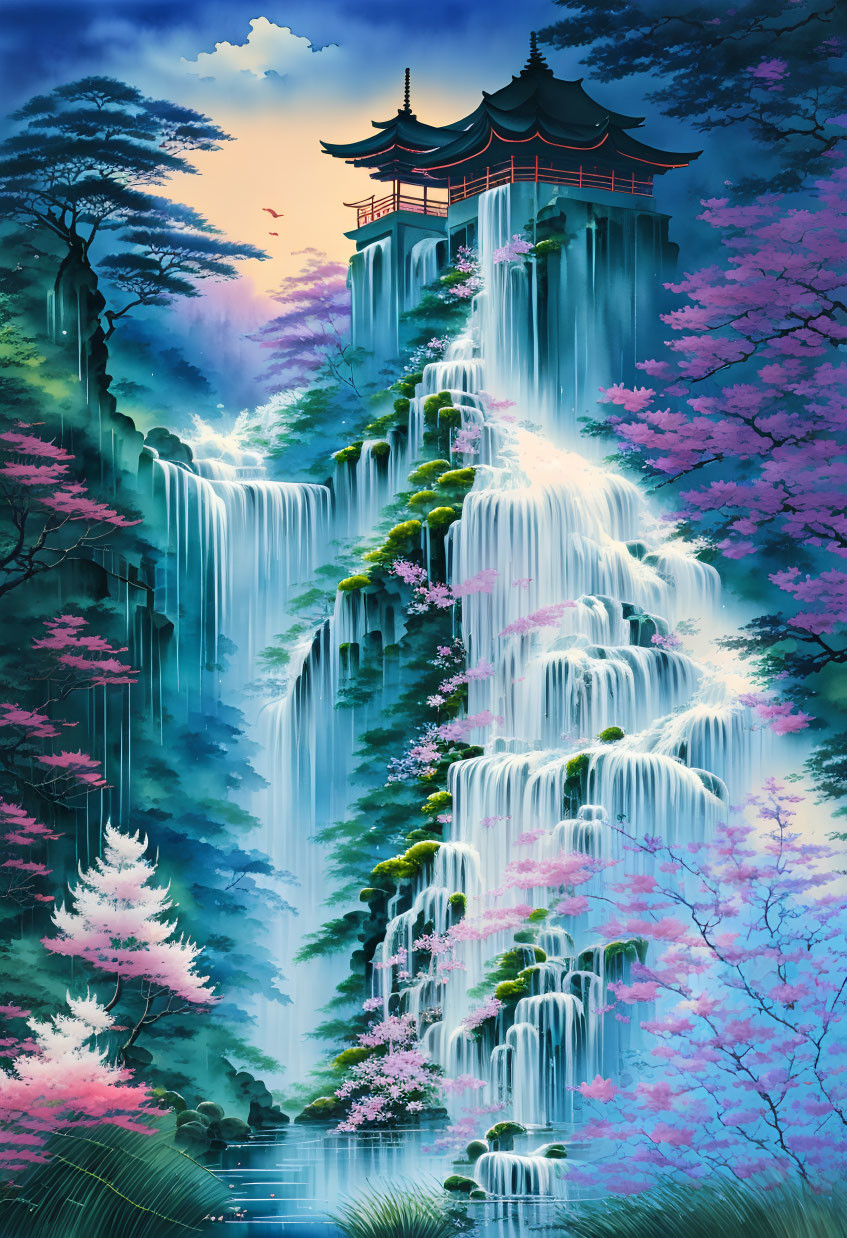 Japanese Landscape with Waterfalls