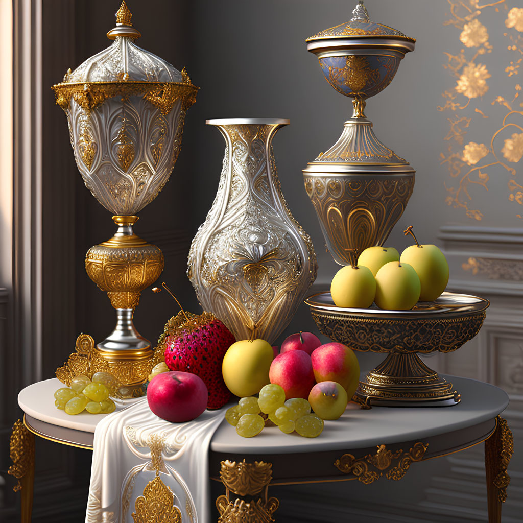 Luxurious Golden Tableware and Fresh Fruits on Elegant Table with Classical Decor