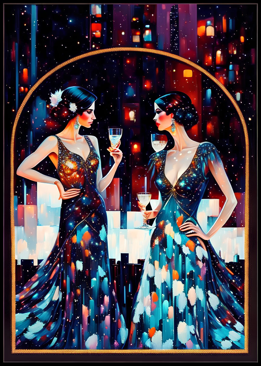 Two women in sparkling gowns with champagne, city lights backdrop