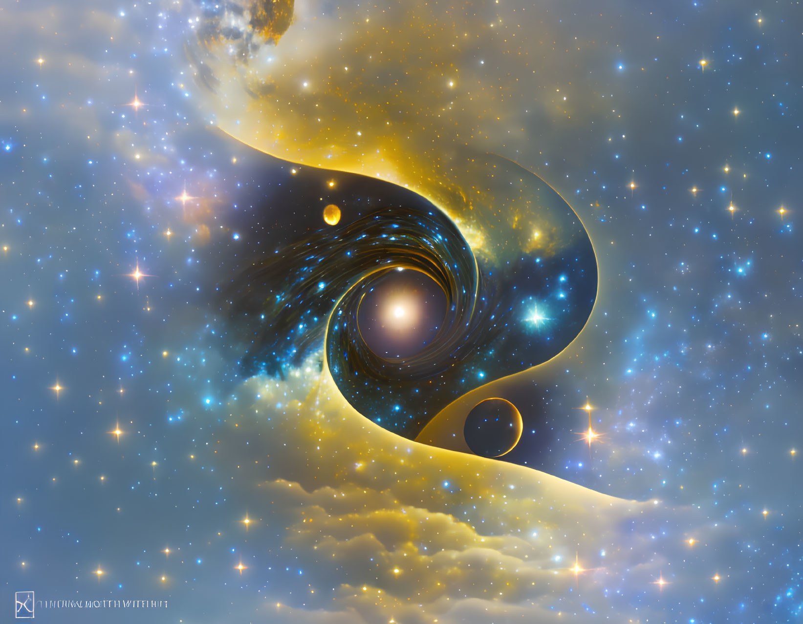 Abstract cosmic digital artwork of swirling stars and galaxies in yin-yang motif