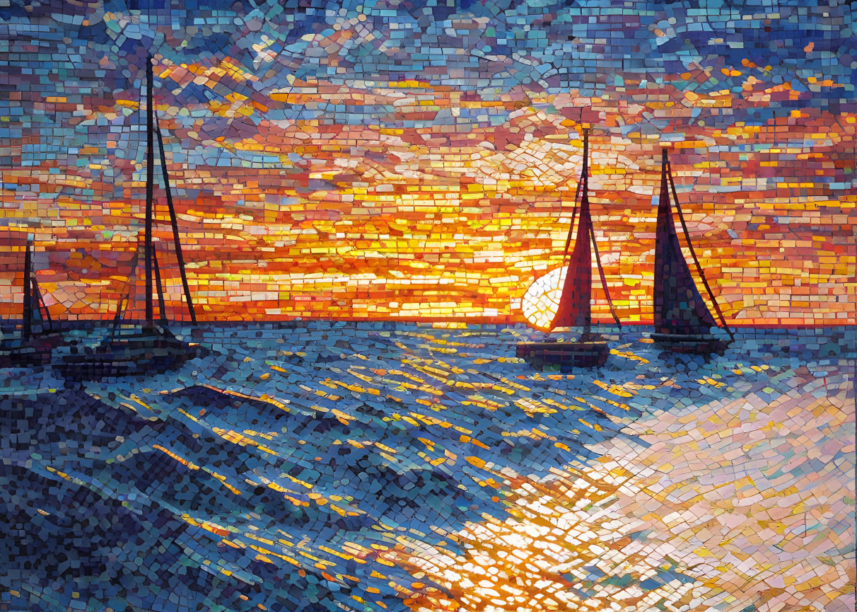 Colorful sunset sailboats mosaic artwork on rippling water