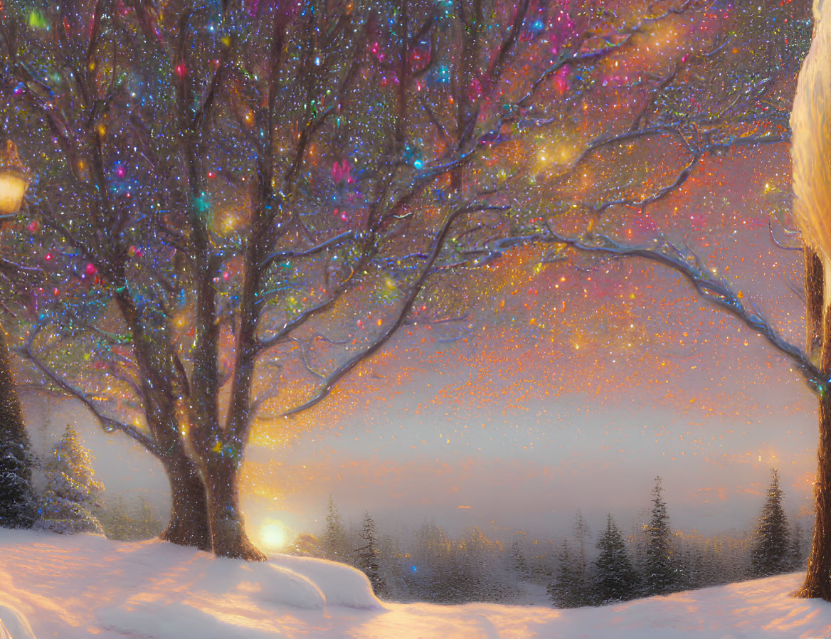 Winter landscape with glowing sunset and twinkling lights