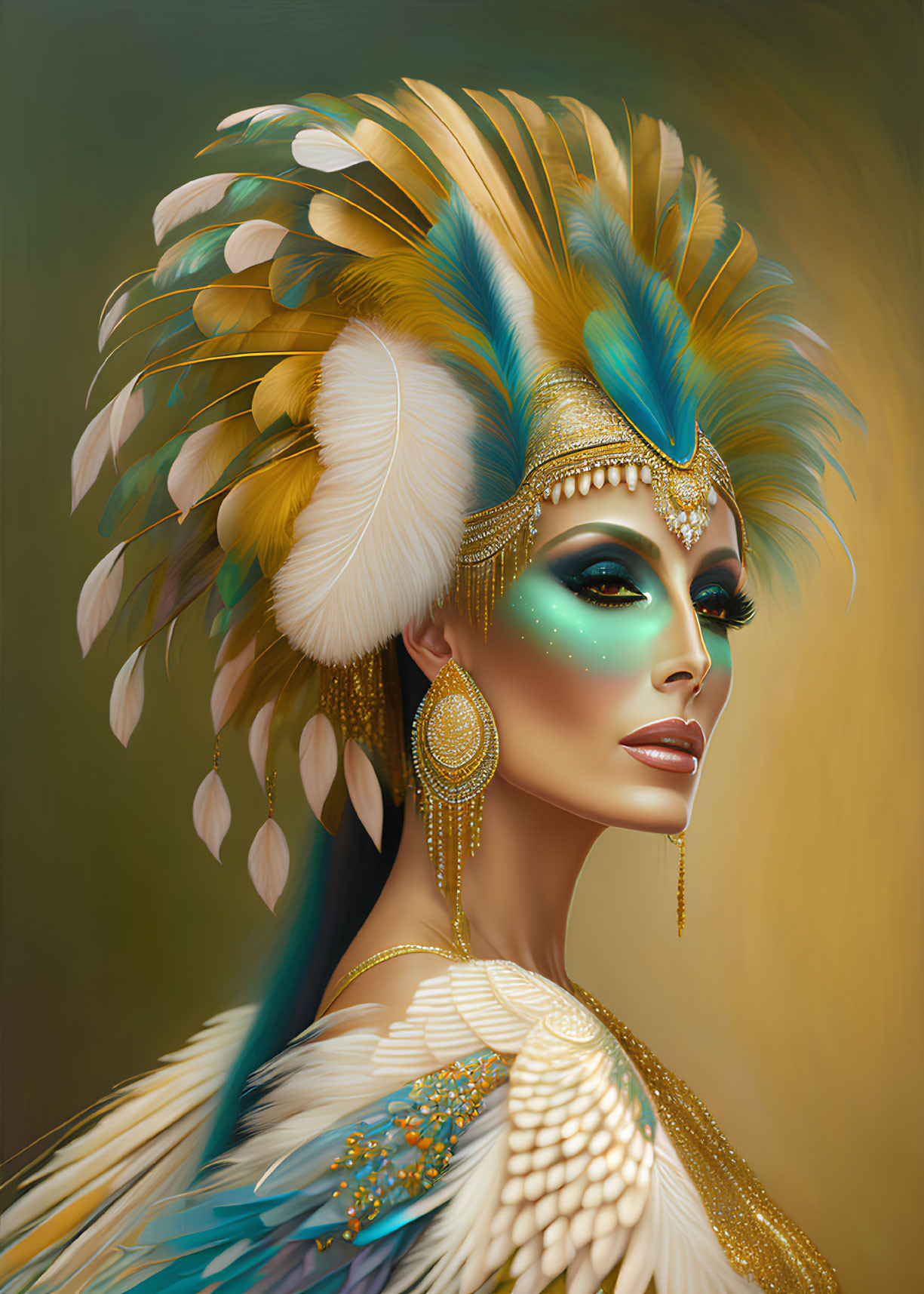 Luxurious feather headdress on woman with gold and teal accents