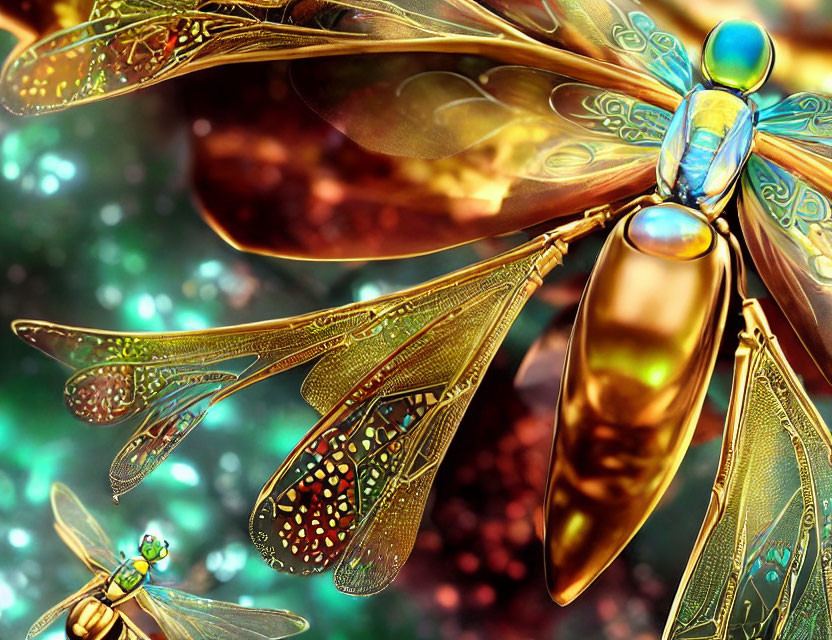 Detailed digital artwork of metallic dragonflies with iridescent wings on bokeh background