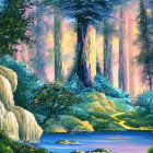 Lush forest landscape with sunlight, flowers, and stream