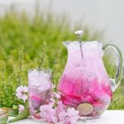 Pink lemonade pitcher and glass with ice, pink blossoms, butterflies, and greenery.