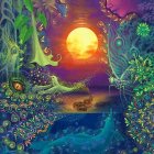Colorful fantastical landscape with central sun-like orb and stylized flora