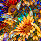 Colorful Stained Glass Style Illustration of Vibrant Flowers and Abstract Patterns