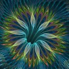 Vivid Digital Artwork: Fractal Flower in Blue, Green, and Gold