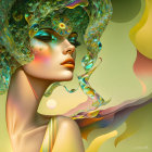 Vibrant surreal female portrait with peacock-like textures
