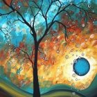 Stylized trees under star-filled sky with crescent moon in blue and golden palette