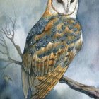 Detailed Owl Illustration with Patterned Feathers on Branch in Blue Background
