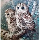 Colorful Stylized Owls Sitting Together Against Artistic Background