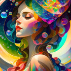 Colorful cosmic-themed woman with swirling hair and stars, planets, and bubbles.