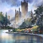 Gothic Cathedral Watercolor Painting with Blue Sky & Clouds