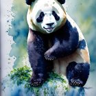 Watercolor illustration of a panda hugging bamboo in lush foliage