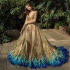Elaborate peacock-themed gown blending with wooded surroundings