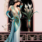 Art Deco style illustration: Woman in flapper dress with geometric patterns, vase with elongated leaves