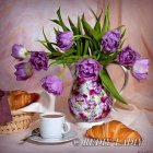 Colorful digital artwork: stylized bouquet with purple flowers, green leaves, butterflies, and tea cup