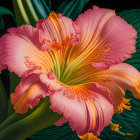 Detailed Digital Painting of Vibrant Flower in Pink, Orange, and Yellow