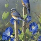 Colorful bluebirds on white trellis with flowers and butterfly in background