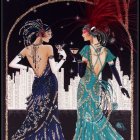 Two women in sparkling gowns with champagne, city lights backdrop