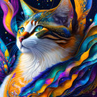 Majestic cat illustration with gold details on cosmic background