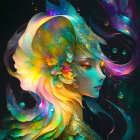 Colorful Digital Artwork: Mythical Woman with Iridescent Hair & Peacock Feathers