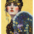Art Nouveau Woman Illustration with Ornate Headdress & Floral Patterns