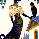 Illustration of two elegant anthropomorphic cats in ornate costumes on rooftop at sunset