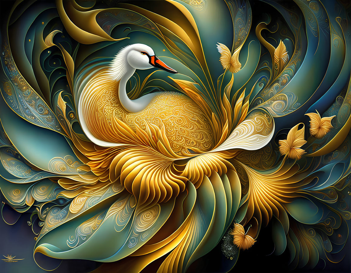 Stylized swan with ornate gold and blue feathers and swirling patterns