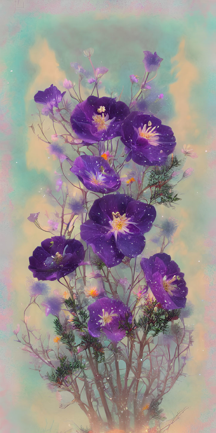 Vibrant Purple Flowers on Branches Against Pastel Background