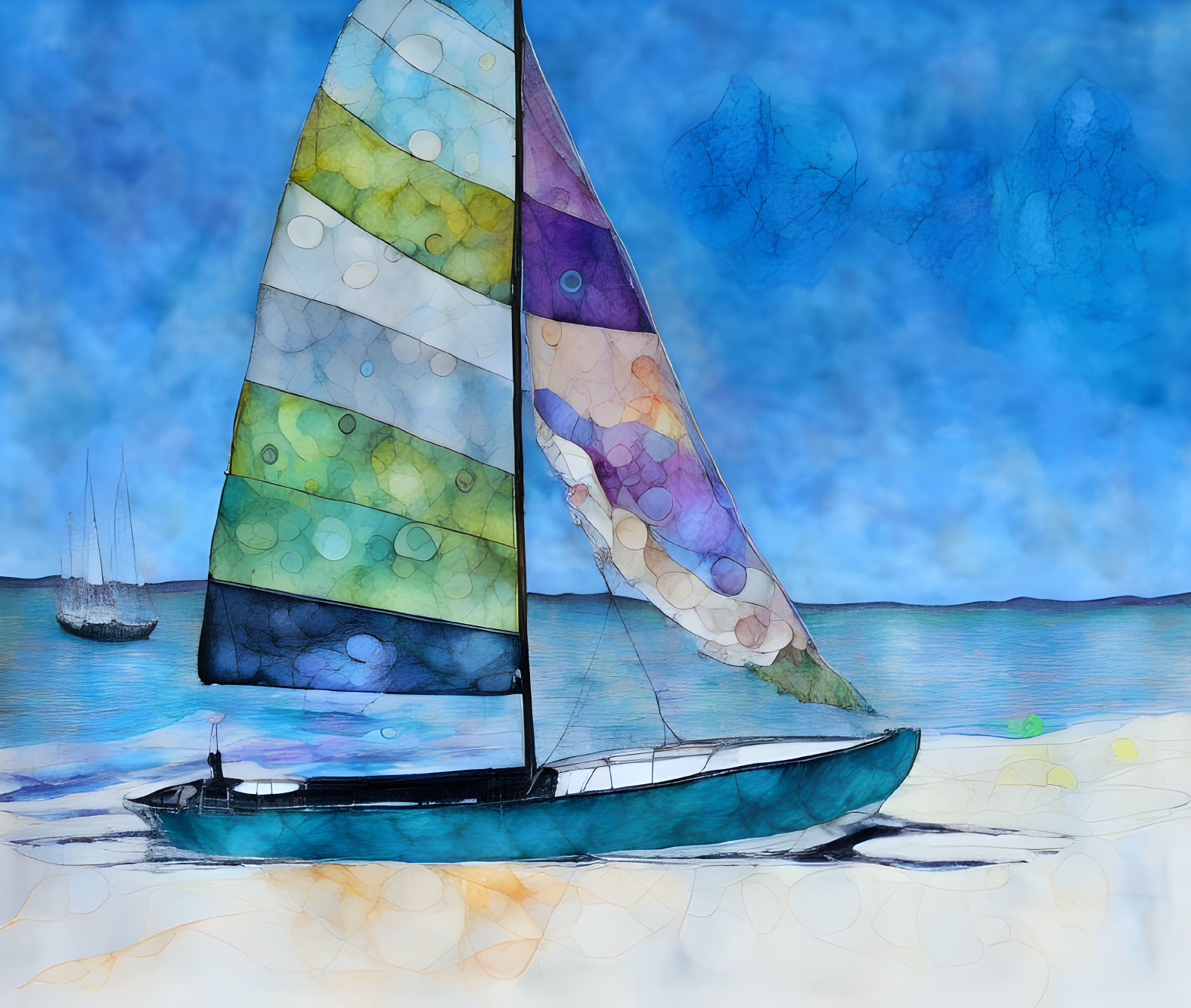 Colorful Abstract Sailboat Painting with Mosaic Sail on Blue Water