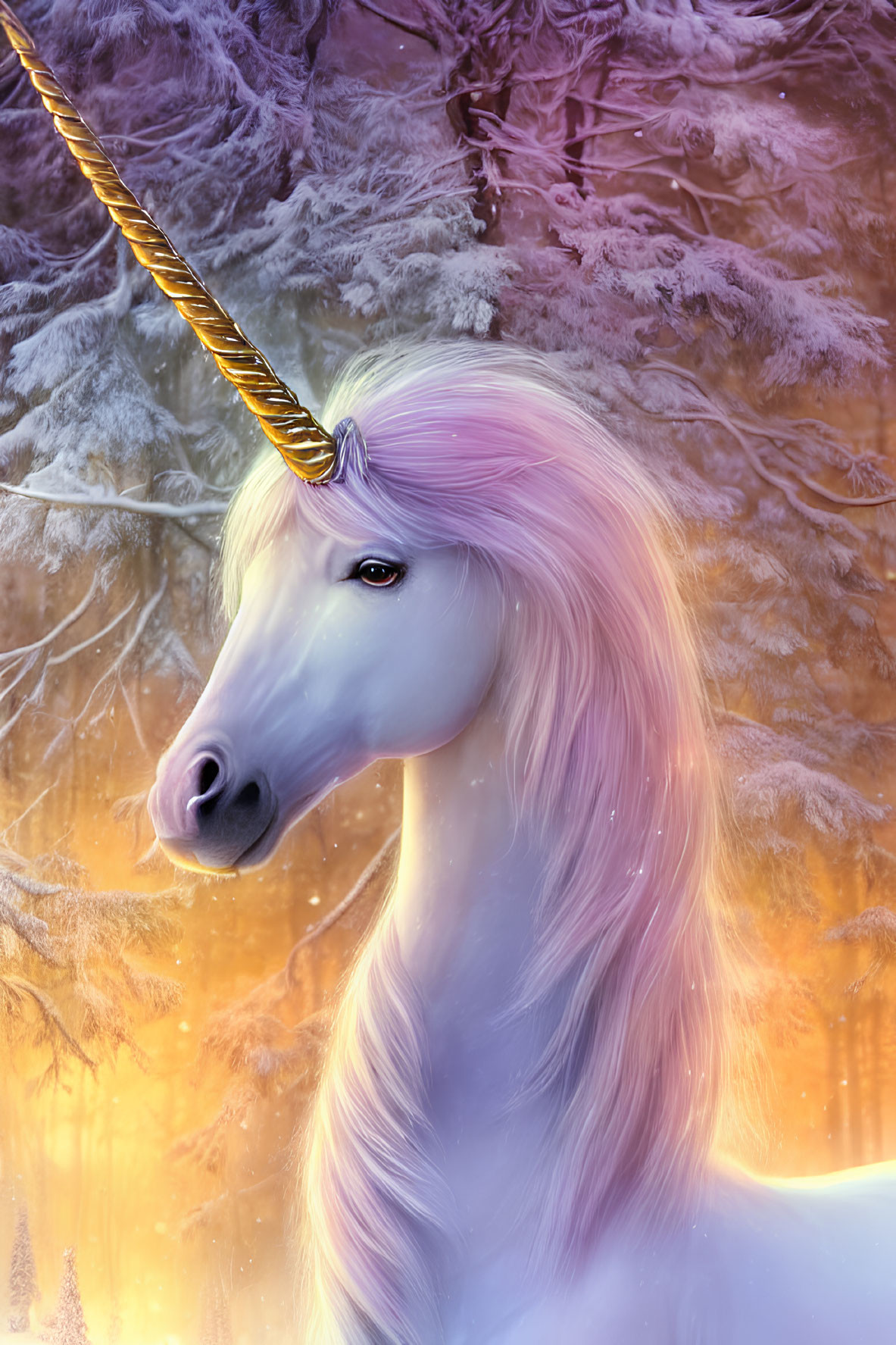 Majestic unicorn with golden horn in frosty forest landscape