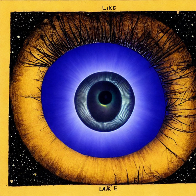 Vivid blue eye with lashes on starry background, "LIKE" above, "LAKE