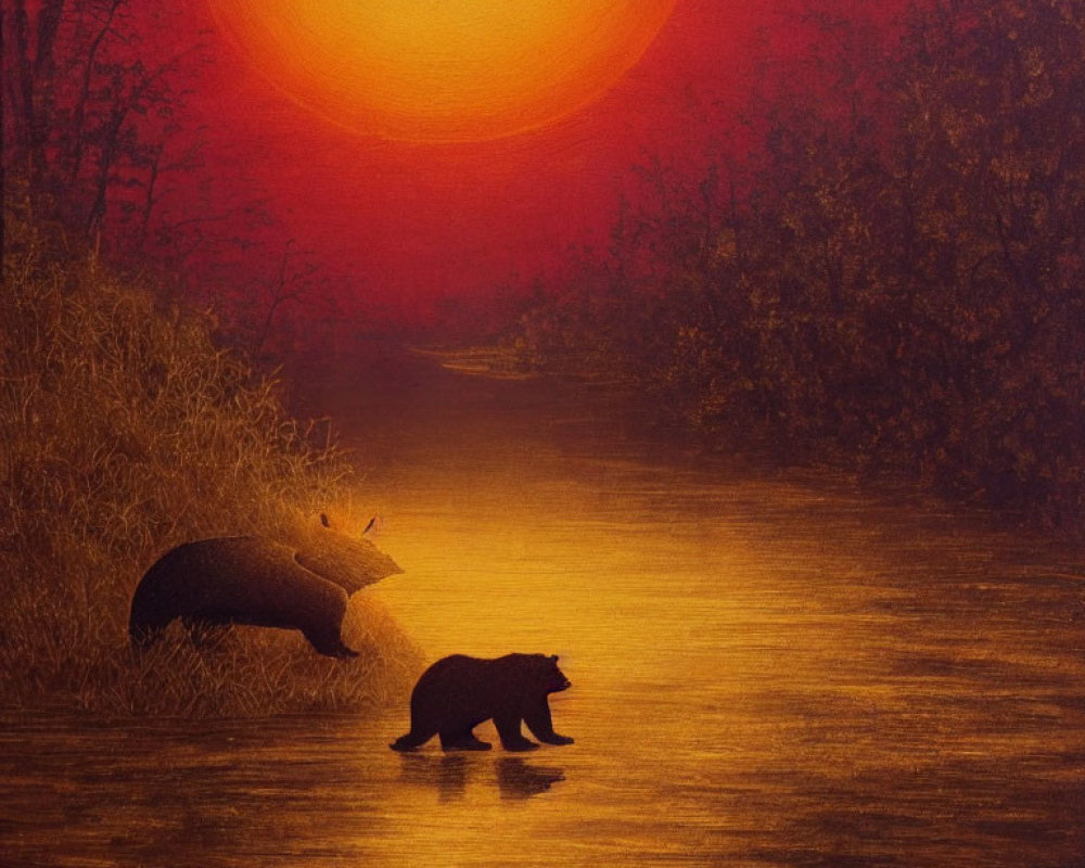 Bear walking under glowing red sun in mystical landscape
