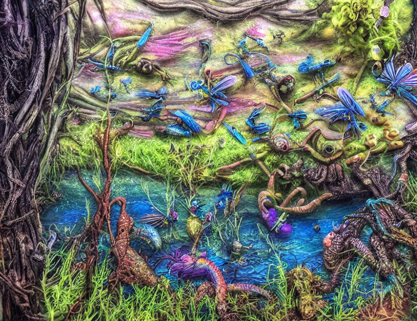 Colorful Dragonfly-Like Creatures in Lush Green Landscape