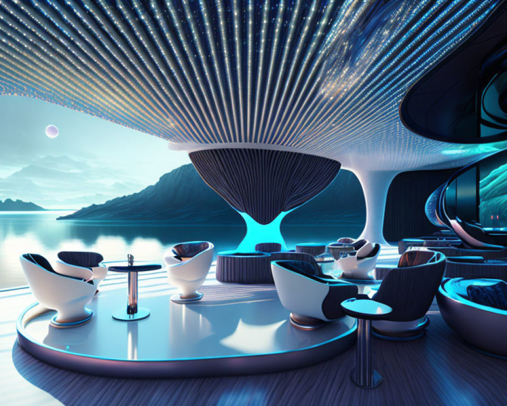 Modern lounge with curvilinear design, blue lighting, and panoramic lake views at twilight