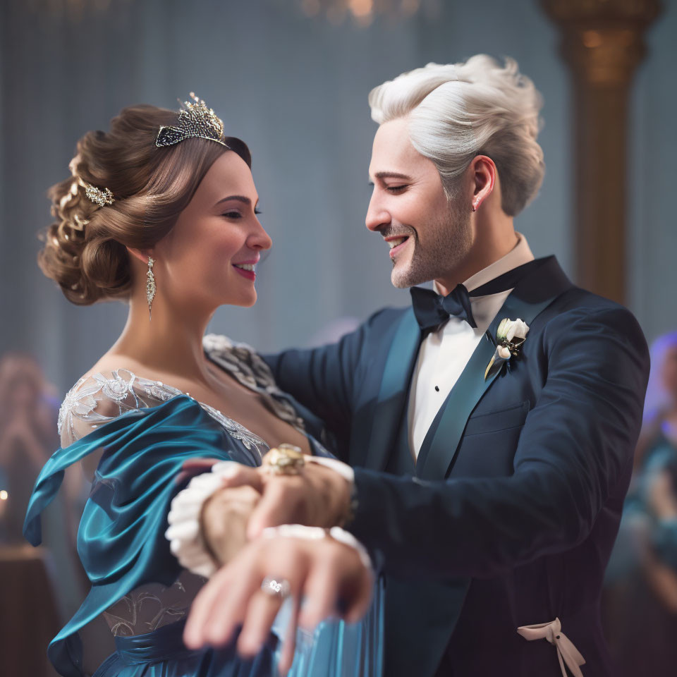 Elegant couple dancing in grand ballroom - woman in blue gown, man in black tuxedo