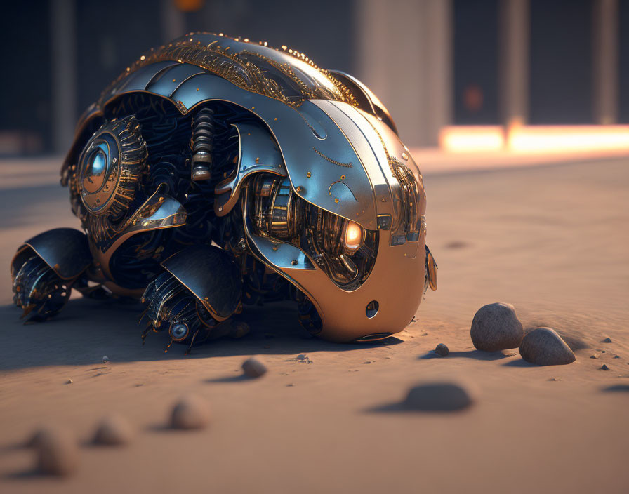 Golden and Steel Mechanical Beetle on Sandy Ground in Sunlight