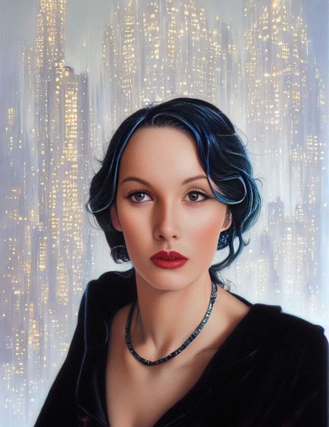 Stylized portrait of woman with blue-black hair and red lipstick against cityscape.